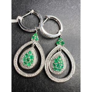 New STS 925 Natural Emerald & 3.05ct Diamond Drop Earrings